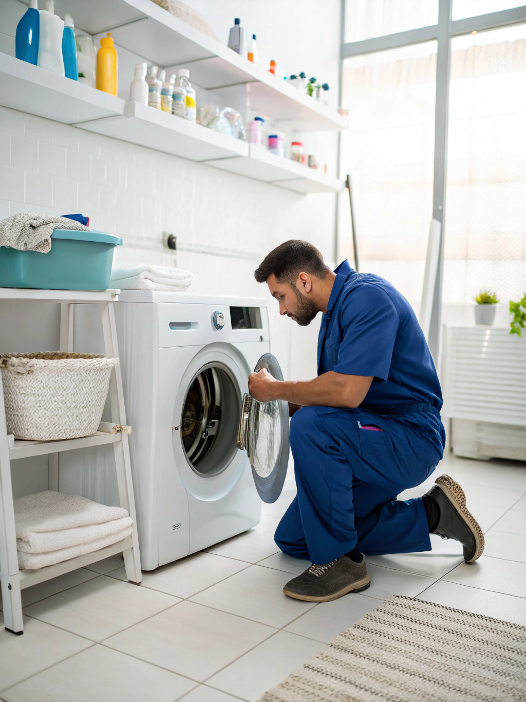 Certified technician inspecting an appliance water leak underneath a unit