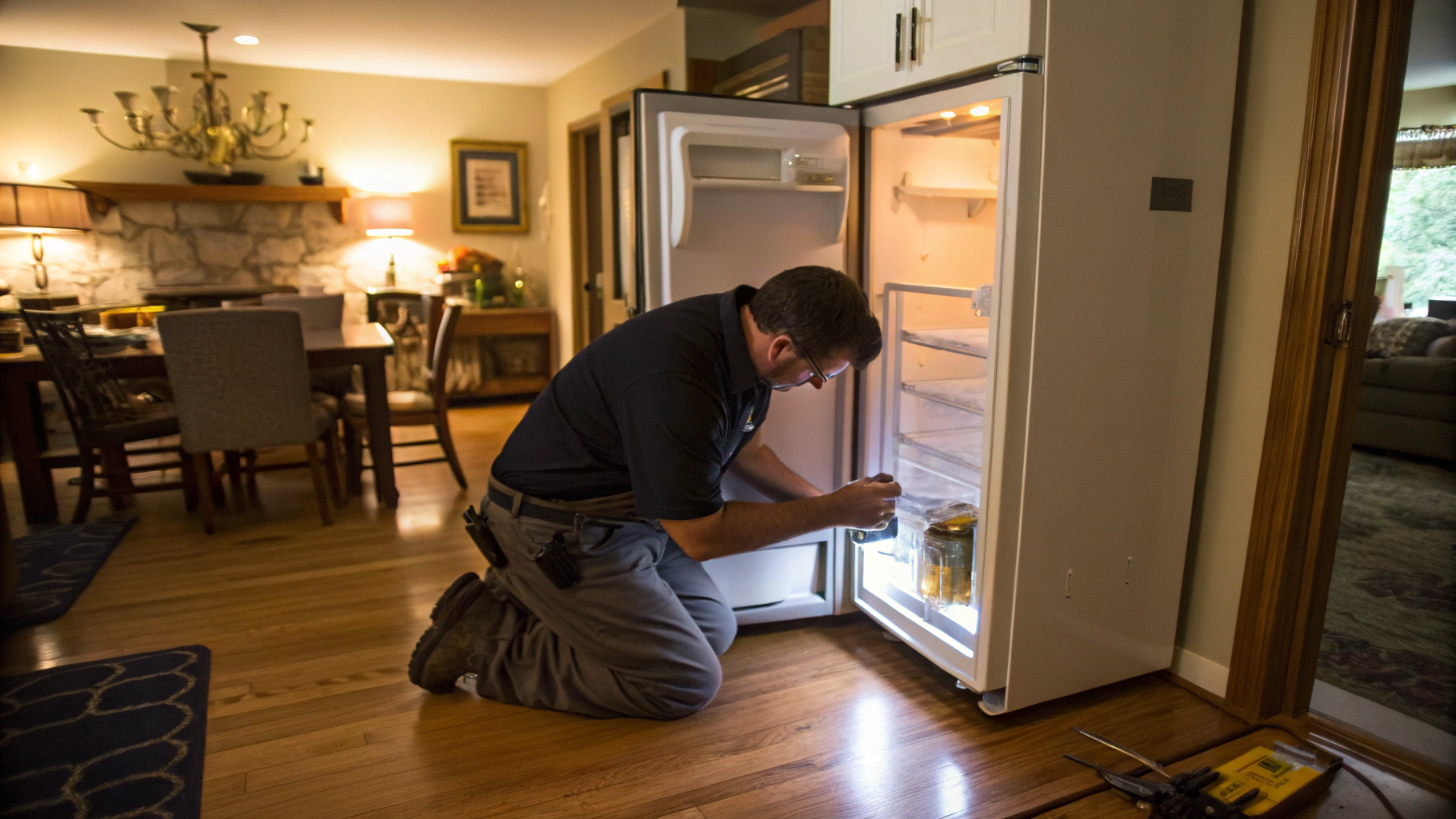 Certified appliance technician performing repair diagnosis