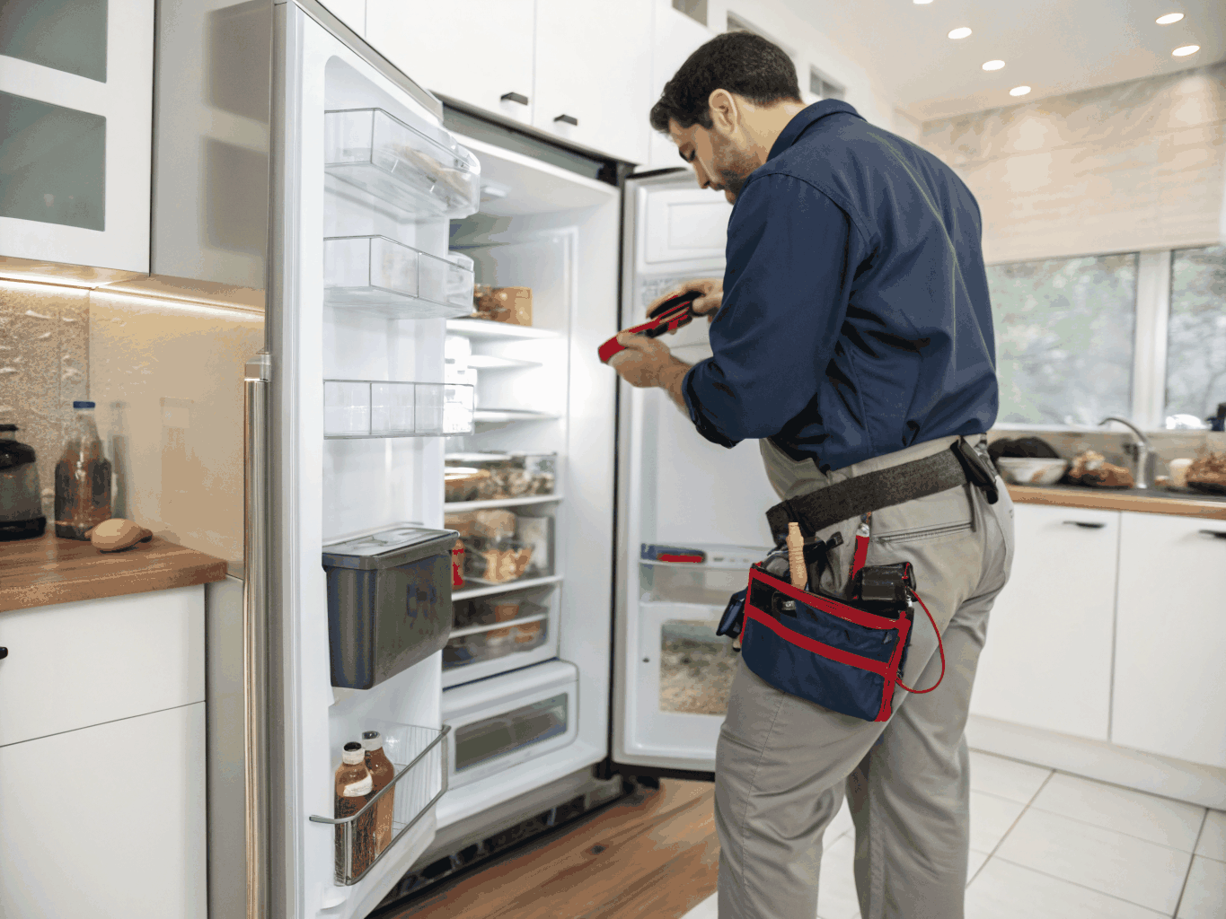 Certified appliance technician performing precision multimeter electrical diagnostic