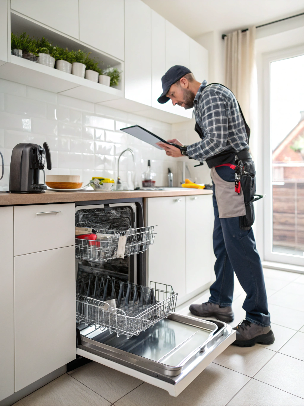 Certified technician inspecting modern built-in dishwasher in Peachtree Corners