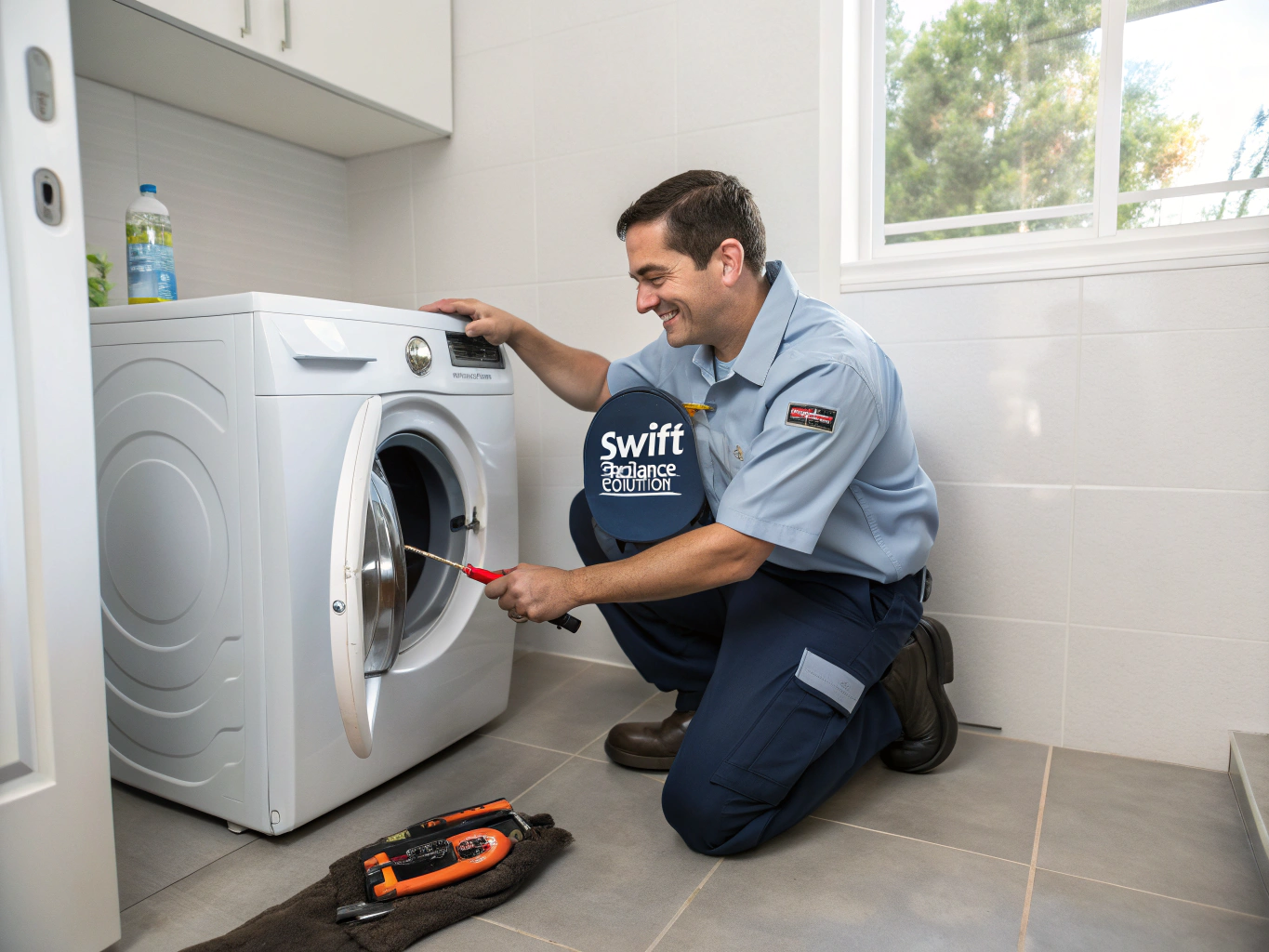 Technician servicing a modern clothes dryer