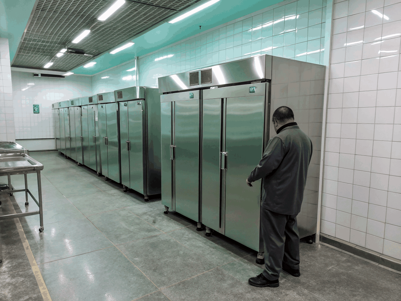 Technician inspecting a modern freezer compressor and cooling unit