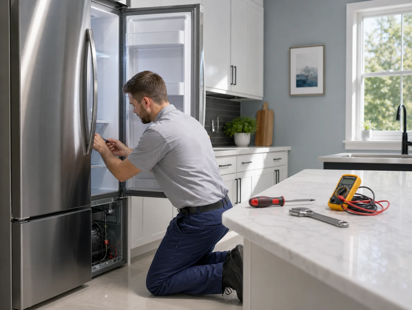 Appliance repair technician inspecting an automatic ice maker unit