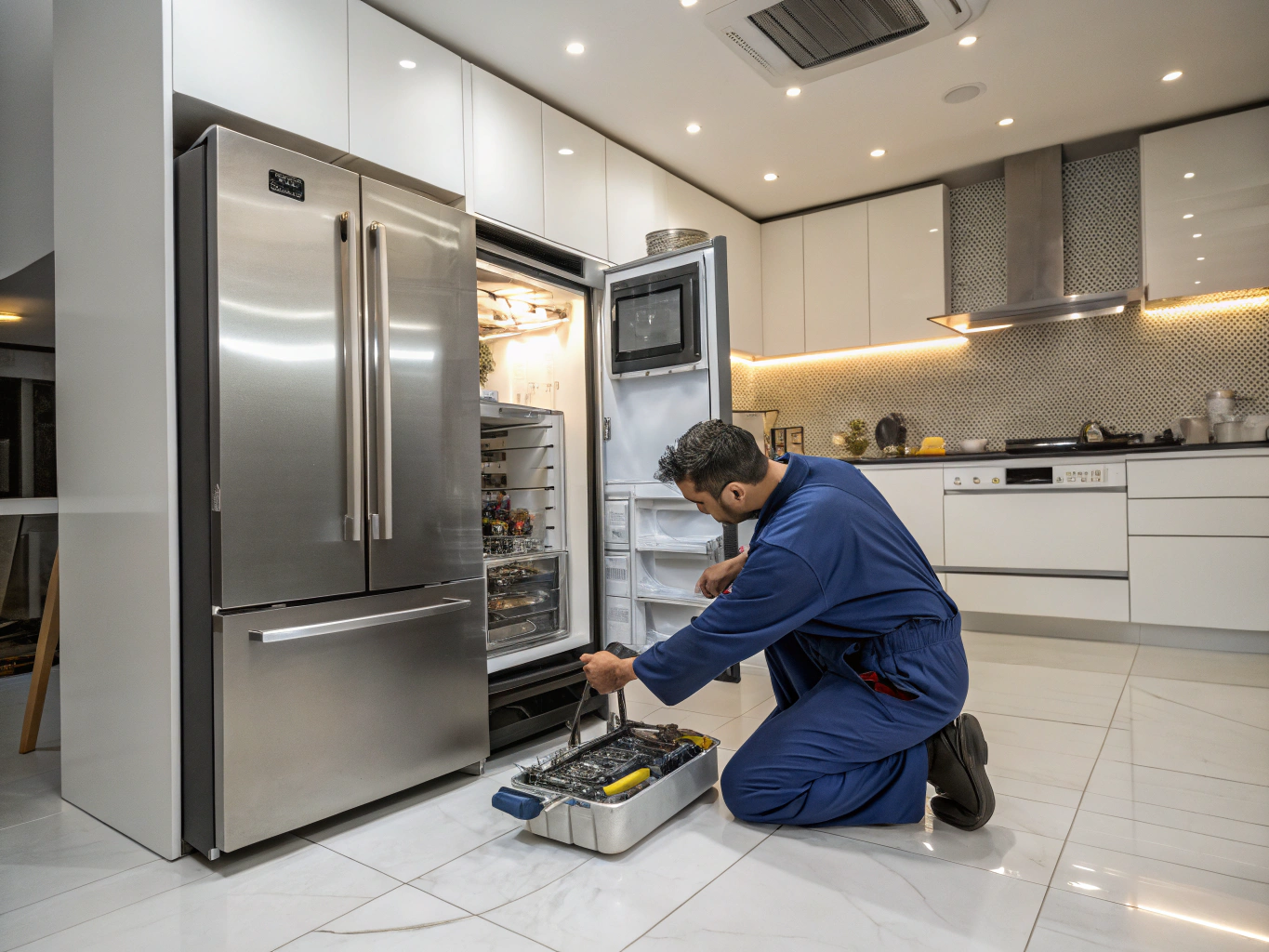Technician repairing high-end KitchenAid built-in refrigerator and oven