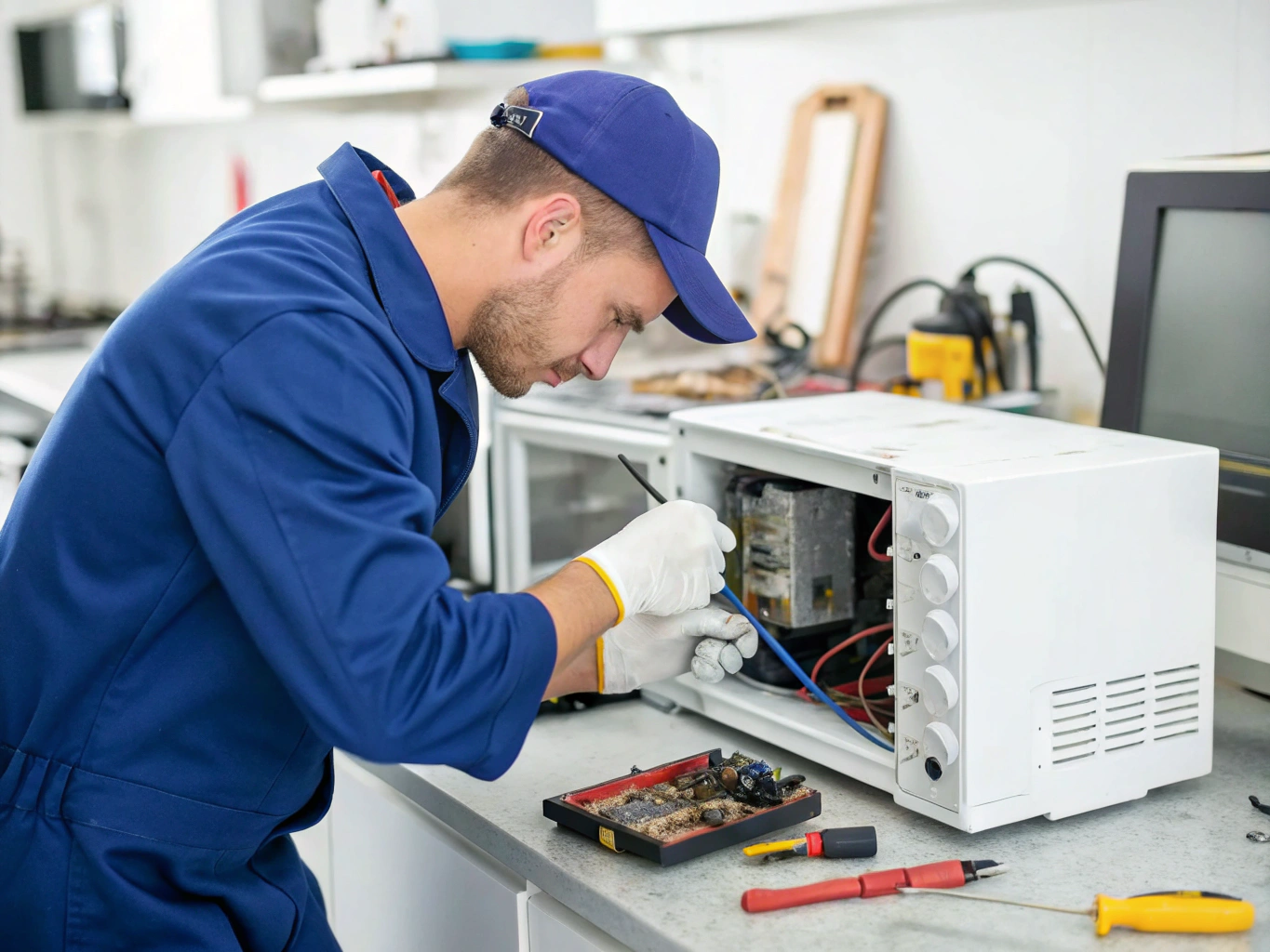 Certified technician inspecting microwave internal components and electronic panel
