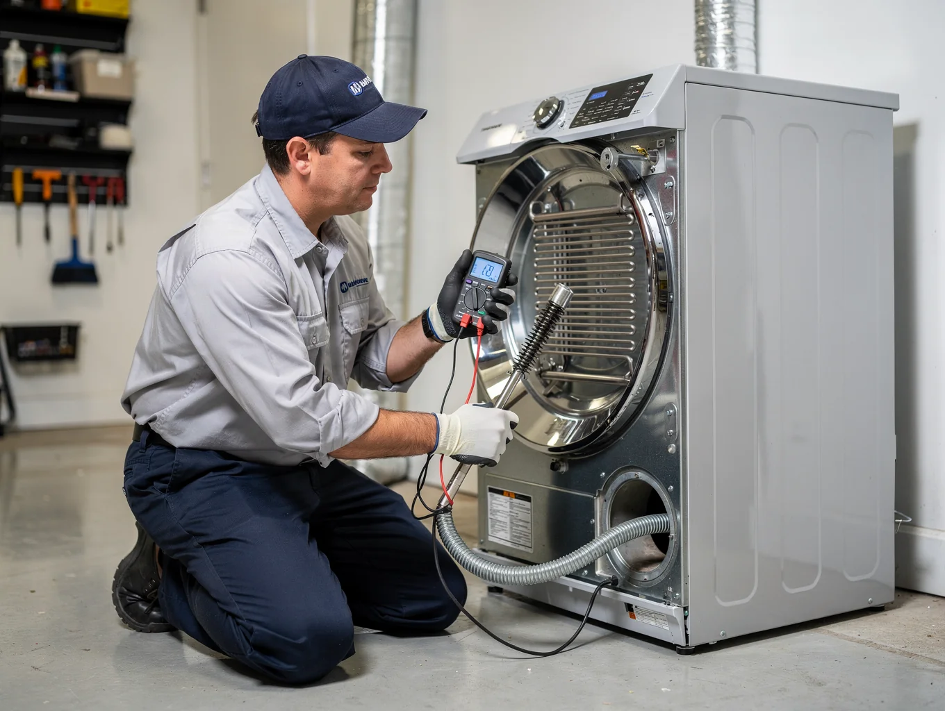 Technician working on a dryer heating element
