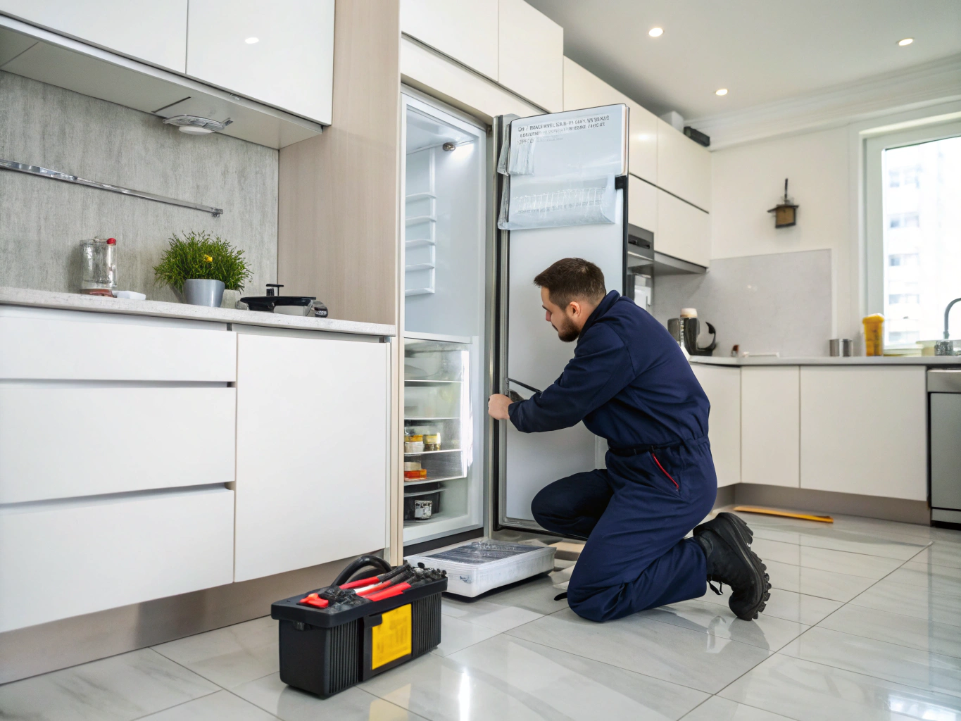 Technician inspecting a refrigerator cooling unit