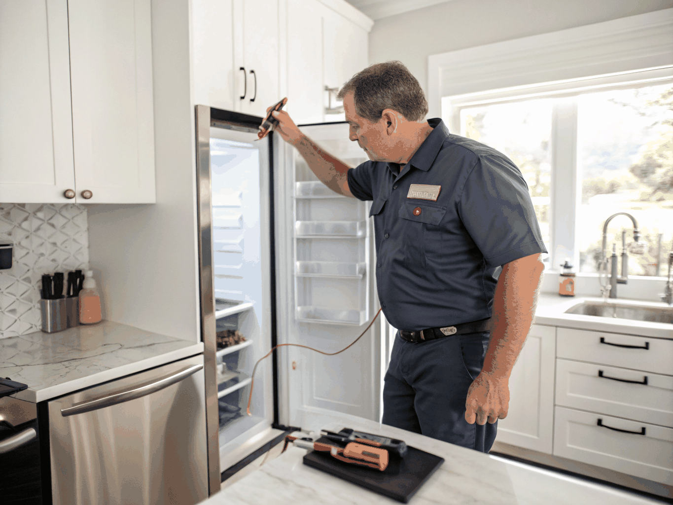 Licensed technician servicing a modern stainless steel refrigerator in Peachtree Corners