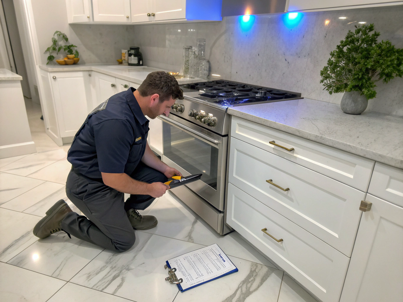 Technician repairing modern kitchen stove and range appliance