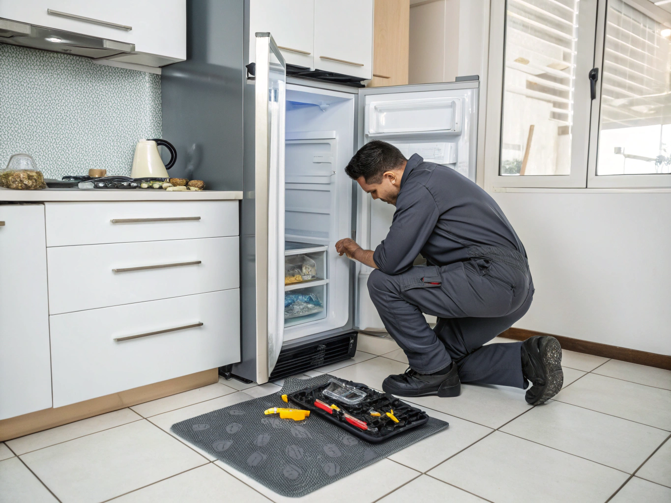 Certified technician diagnosing refrigeration compressor and electronics