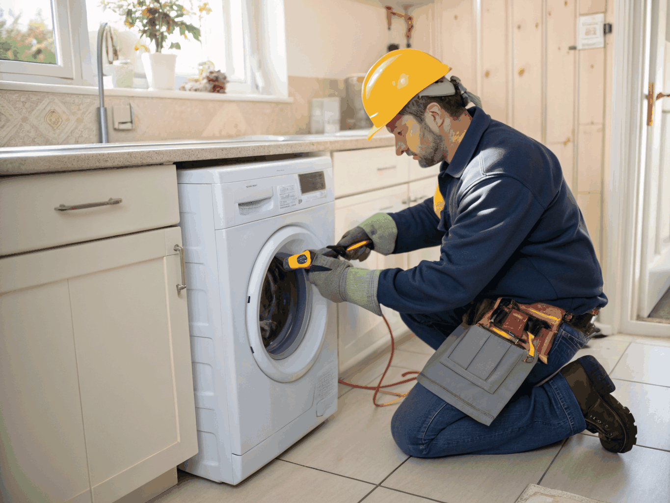 Certified technician using electrical multimeter to test appliance heating element