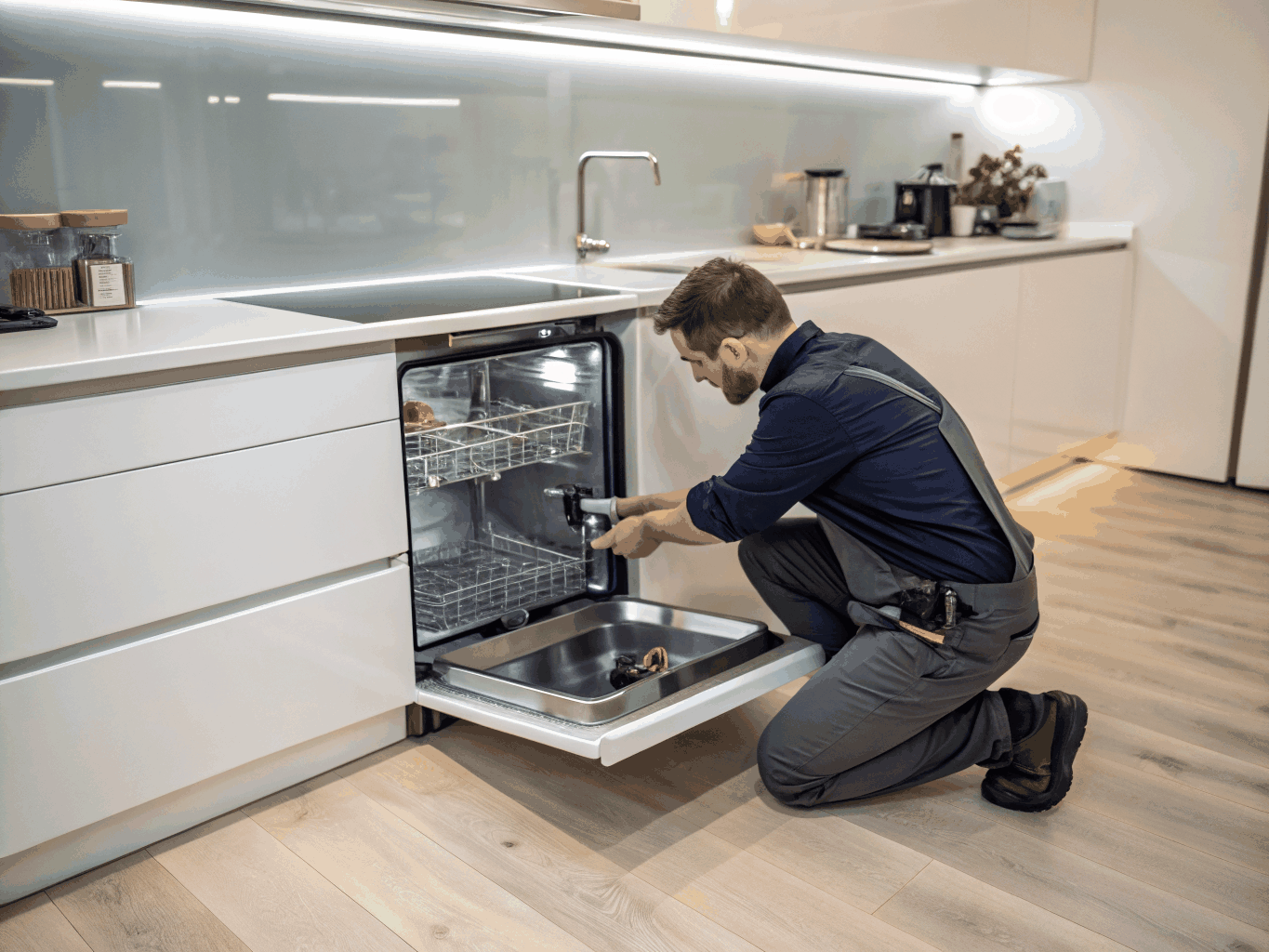 Peachtree Corners appliance technician inspecting dishwasher drain pump and motor wiring