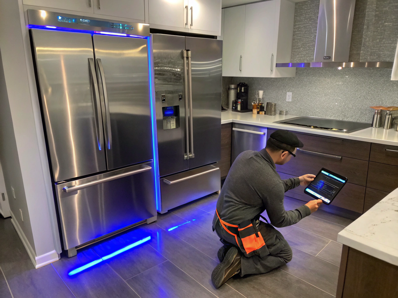 Licensed technician servicing a modern kitchen refrigerator