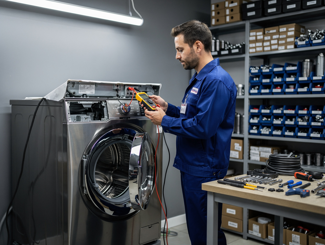 Certified technician using digital multimeter to calibrate energy efficient domestic appliance