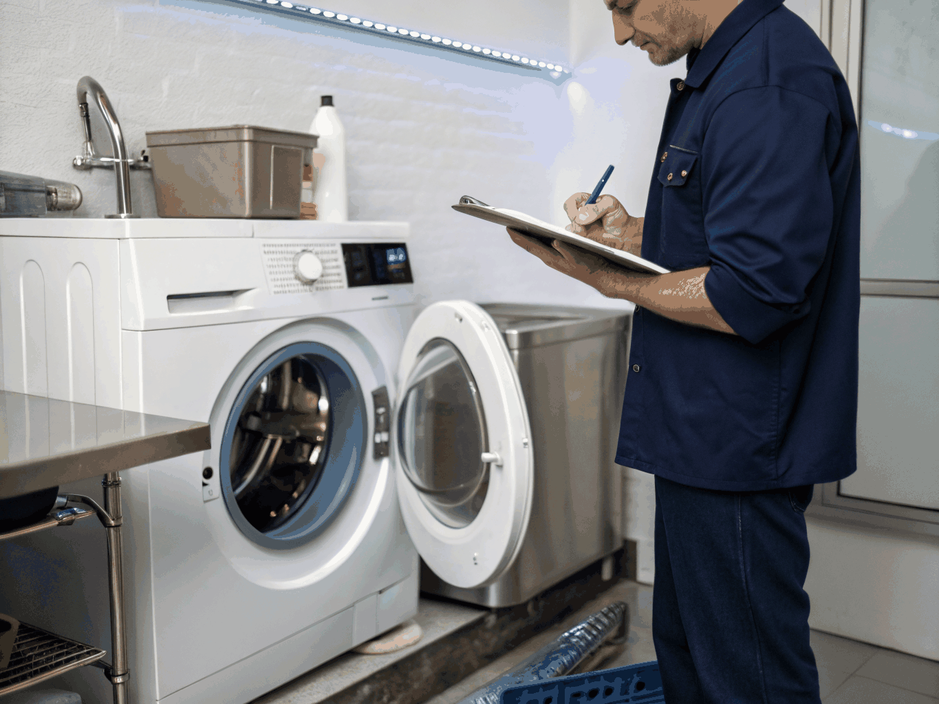 Professional technician inspecting and repairing a modern washing machine